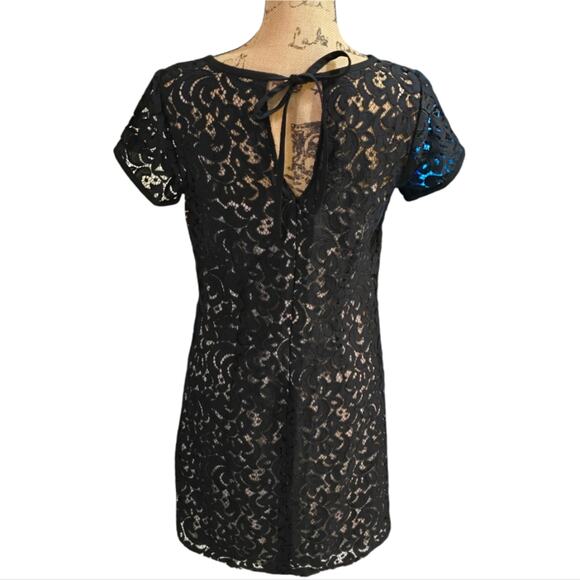 Loft Lace Tunic Mini Dress Black/ Beige Lined Cap Sleeve Drawstring Tie Back 4 - Picture 2 of 6